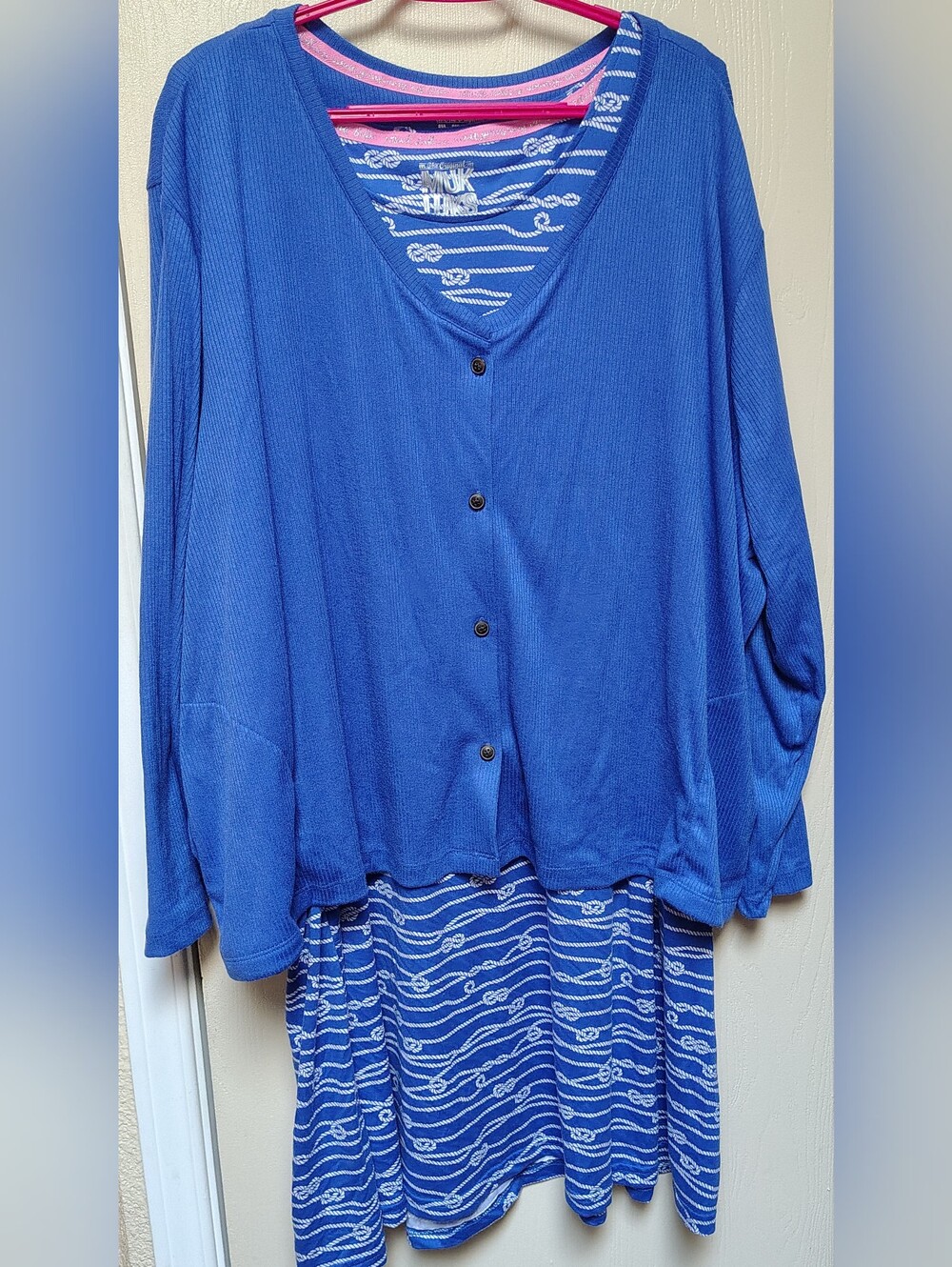 Muk Lux Blue Layered Knit Cardigan and Striped Dress Set